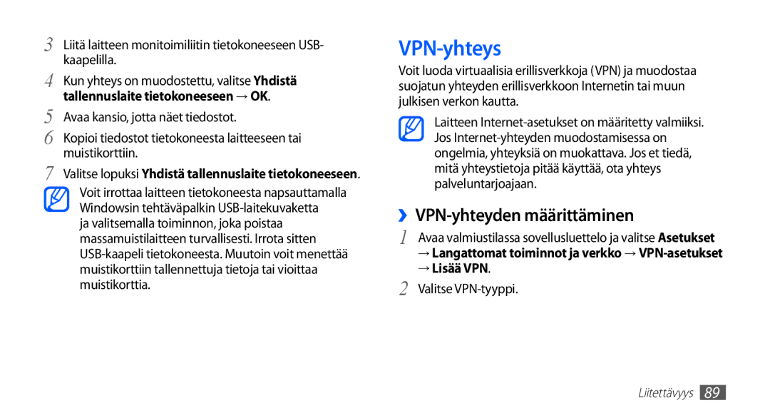 Samsung YP-G70CW/NEE manual VPN-yhteys, ››VPN-yhteyden määrittäminen, → Lisää VPN, Valitse VPN-tyyppi 