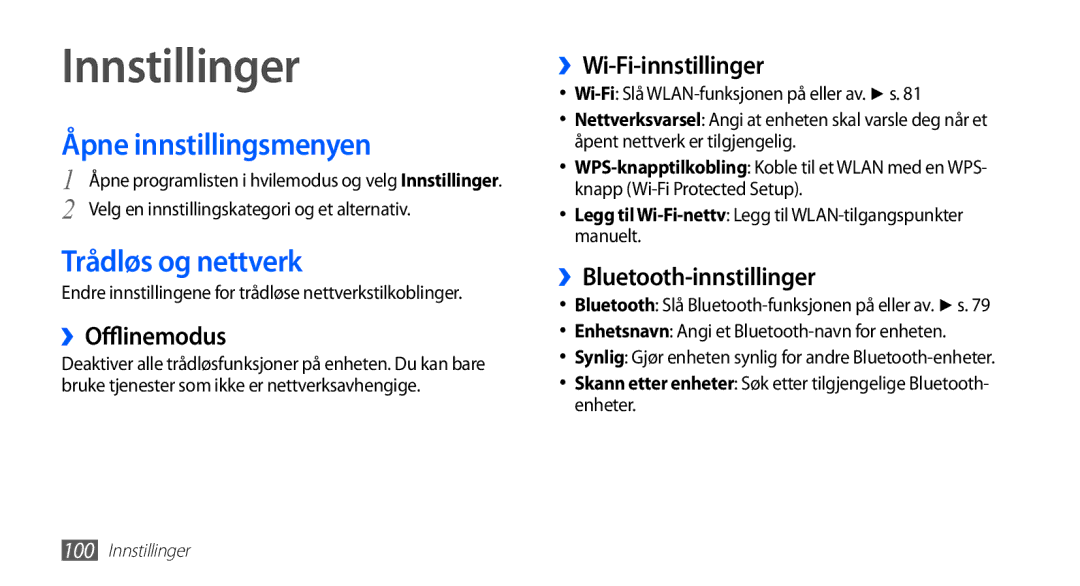 Samsung YP-G70CW/NEE manual Innstillinger, Åpne innstillingsmenyen, Trådløs og nettverk 