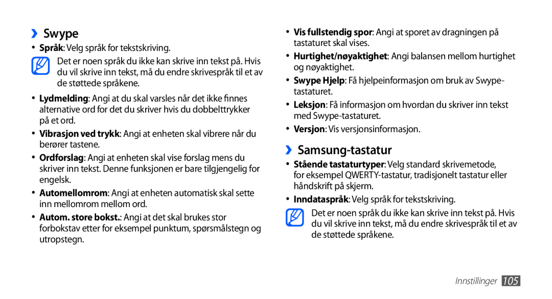 Samsung YP-G70CW/NEE manual ››Swype, ››Samsung-tastatur, Språk Velg språk for tekstskriving 