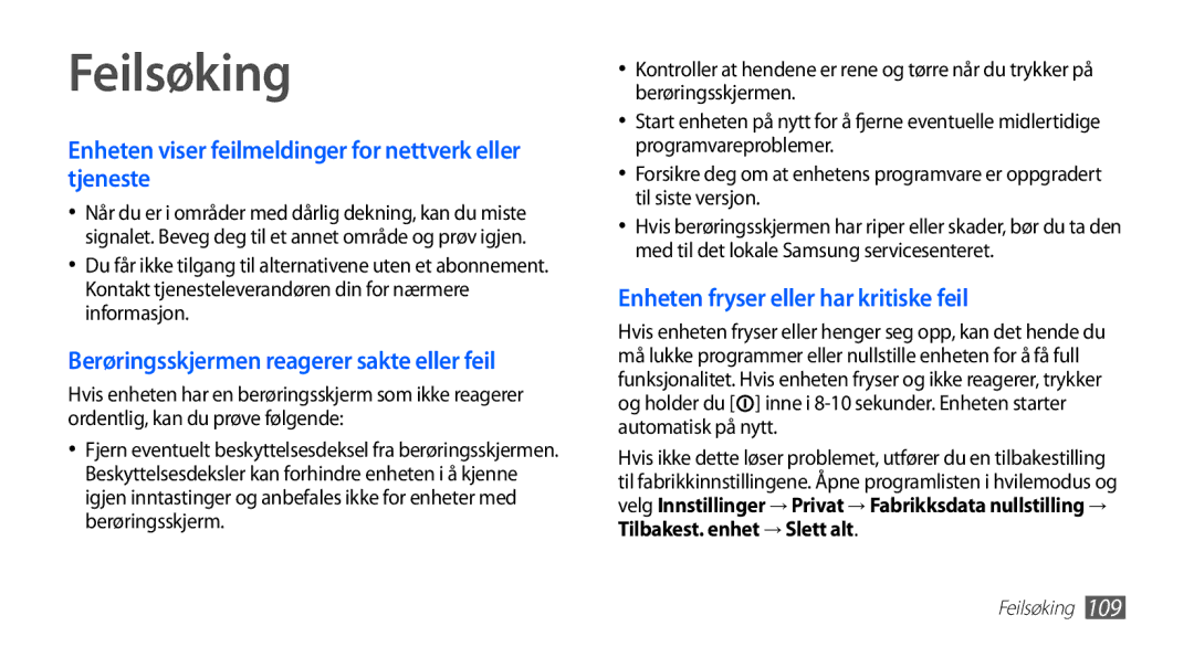 Samsung YP-G70CW/NEE manual Feilsøking, Enheten viser feilmeldinger for nettverk eller tjeneste 