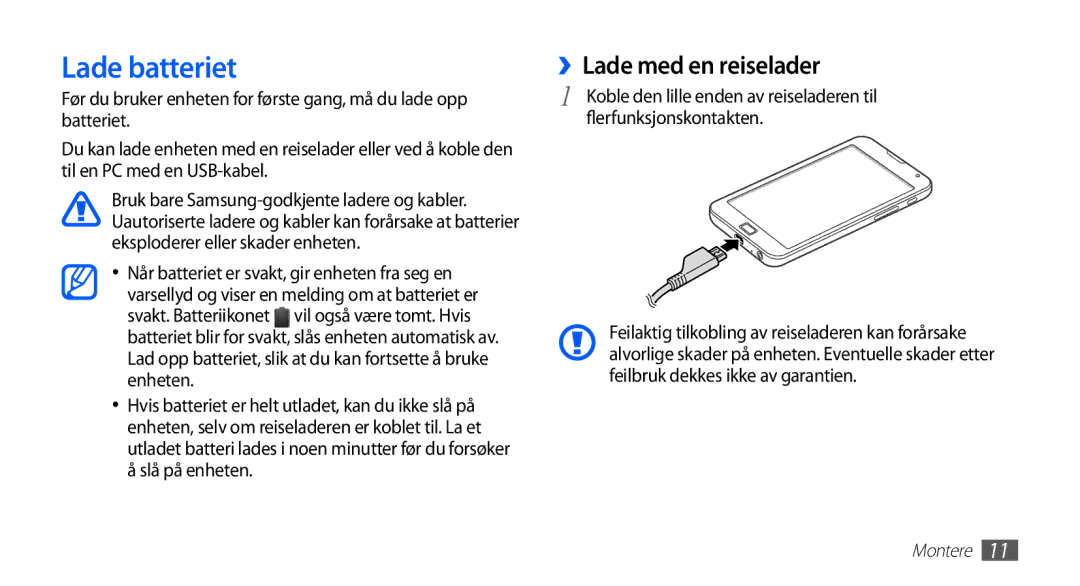 Samsung YP-G70CW/NEE manual Lade batteriet, ››Lade med en reiselader 