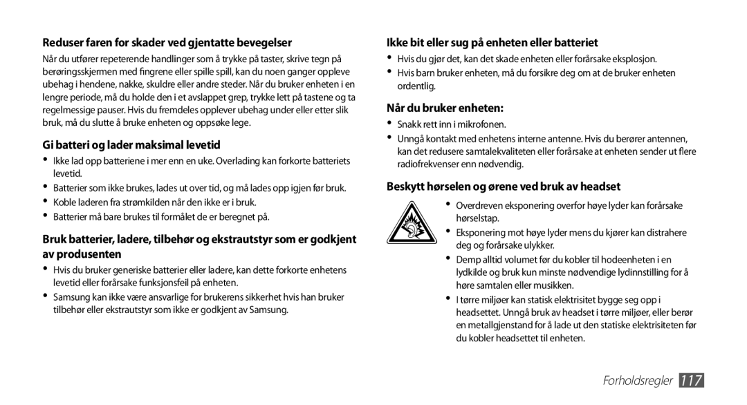 Samsung YP-G70CW/NEE manual Reduser faren for skader ved gjentatte bevegelser 