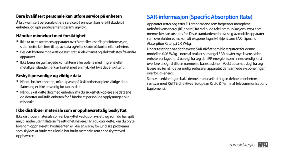 Samsung YP-G70CW/NEE manual SAR-informasjon Specific Absorption Rate 