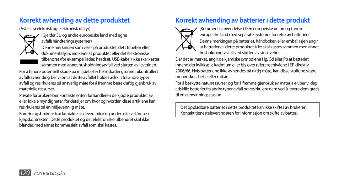 Samsung YP-G70CW/NEE manual Korrekt avhending av dette produktet 