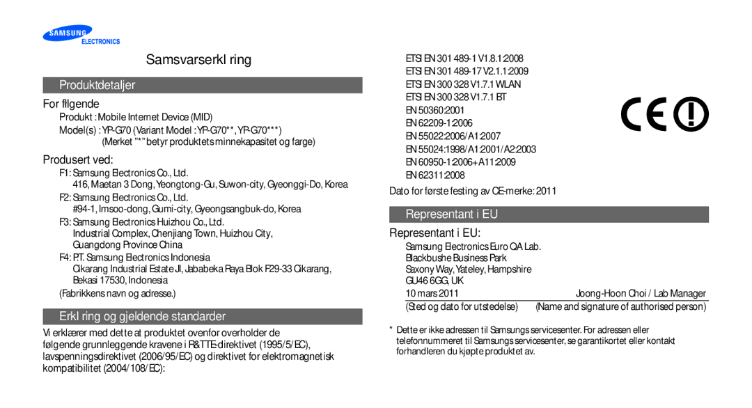 Samsung YP-G70CW/NEE manual Samsvarserklæring, Produktdetaljer 