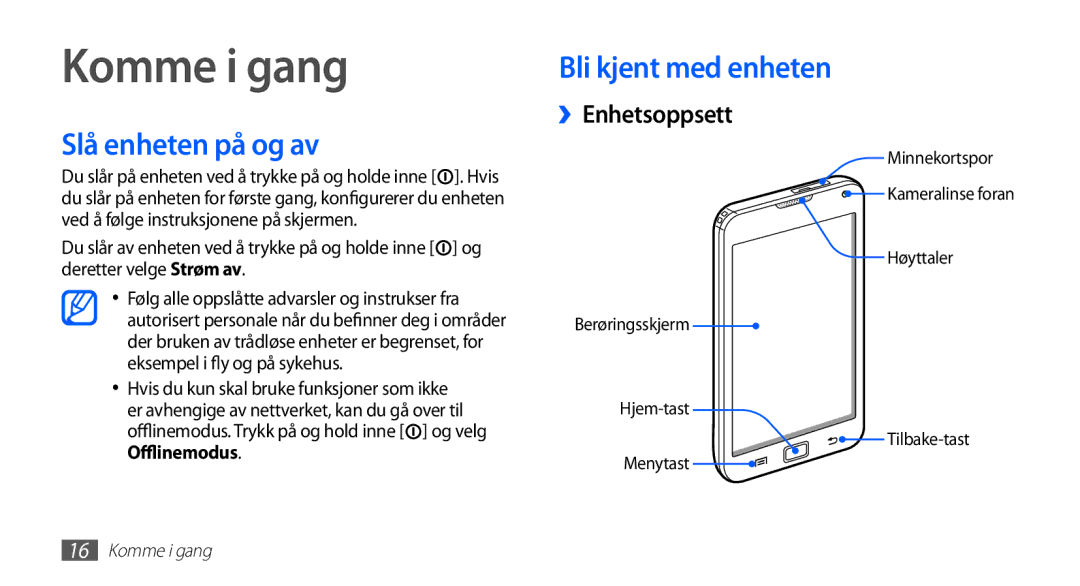 Samsung YP-G70CW/NEE manual Komme i gang, Slå enheten på og av, Bli kjent med enheten, ››Enhetsoppsett 