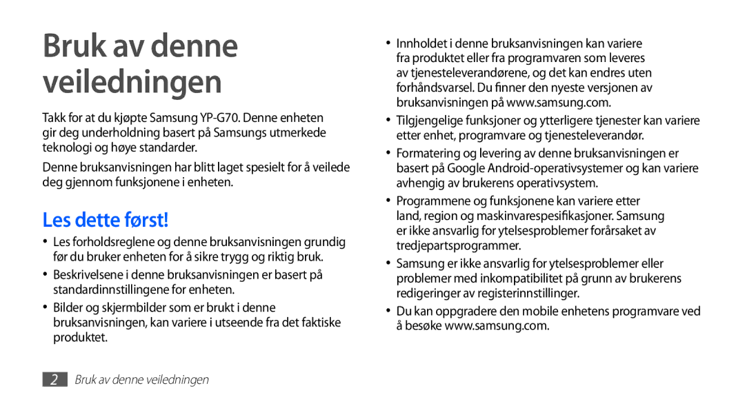 Samsung YP-G70CW/NEE manual Bruk av denne veiledningen, Les dette først 