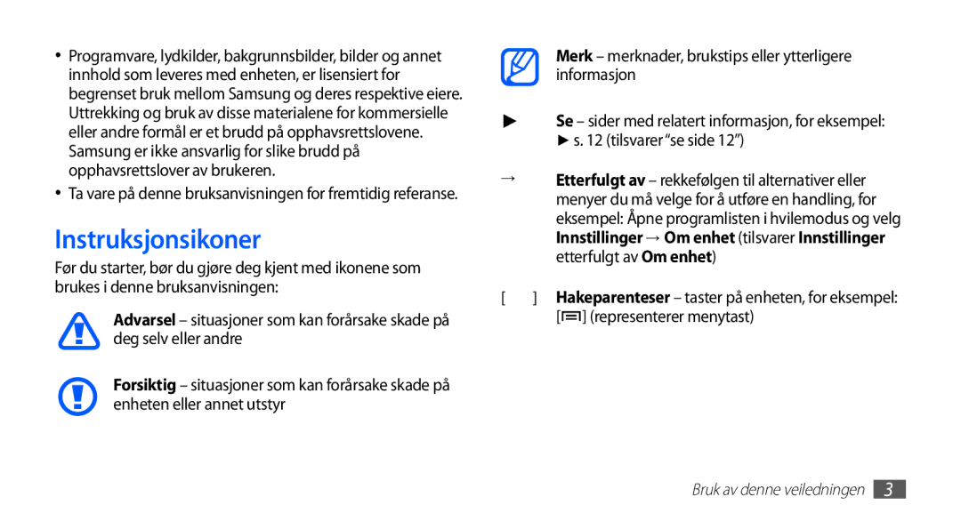 Samsung YP-G70CW/NEE manual Instruksjonsikoner, Merk merknader, brukstips eller ytterligere informasjon, Tilsvarerse side 