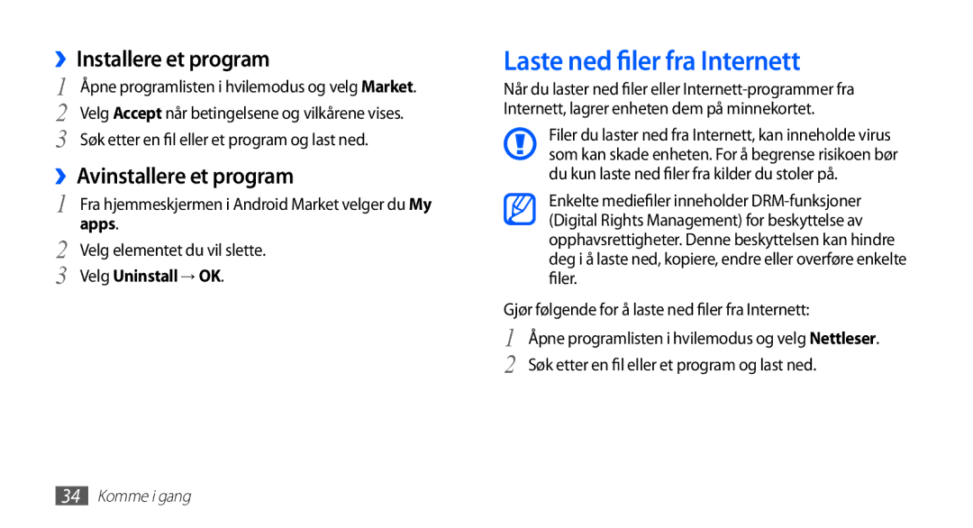 Samsung YP-G70CW/NEE manual Laste ned filer fra Internett, ››Installere et program, ››Avinstallere et program, Apps 