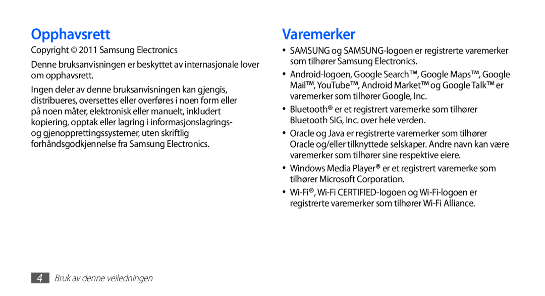 Samsung YP-G70CW/NEE manual Opphavsrett, Varemerker 