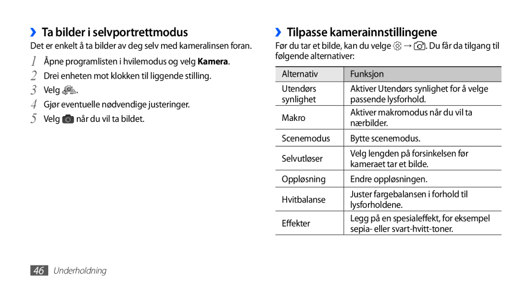 Samsung YP-G70CW/NEE ››Ta bilder i selvportrettmodus, ››Tilpasse kamerainnstillingene, Synlighet Passende lysforhold Makro 