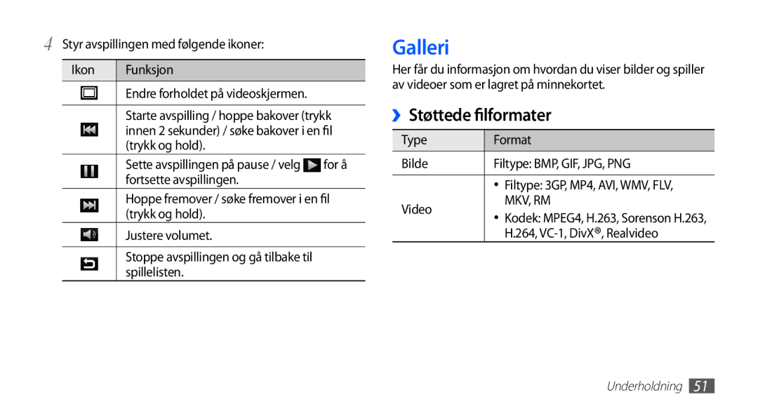 Samsung YP-G70CW/NEE manual Galleri, ››Støttede filformater 