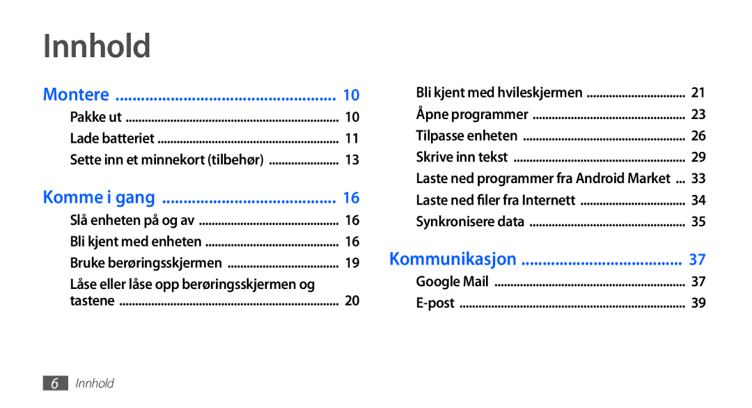 Samsung YP-G70CW/NEE manual Innhold, Komme i gang 