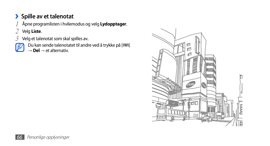 Samsung YP-G70CW/NEE manual ››Spille av et talenotat, Velg Liste, Velg et talenotat som skal spilles av 