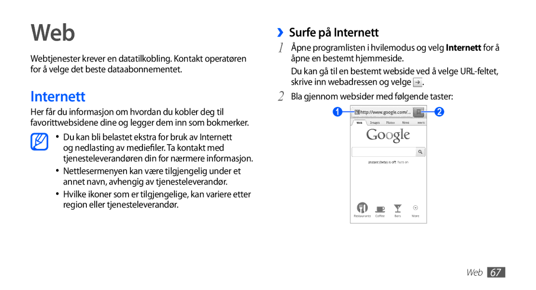 Samsung YP-G70CW/NEE manual Web, ››Surfe på Internett, Bla gjennom websider med følgende taster 