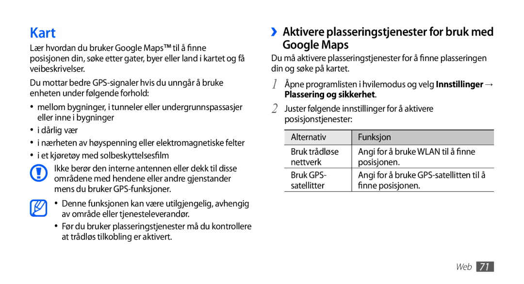 Samsung YP-G70CW/NEE manual Kart, Google Maps, ››Aktivere plasseringstjenester for bruk med, Plassering og sikkerhet 