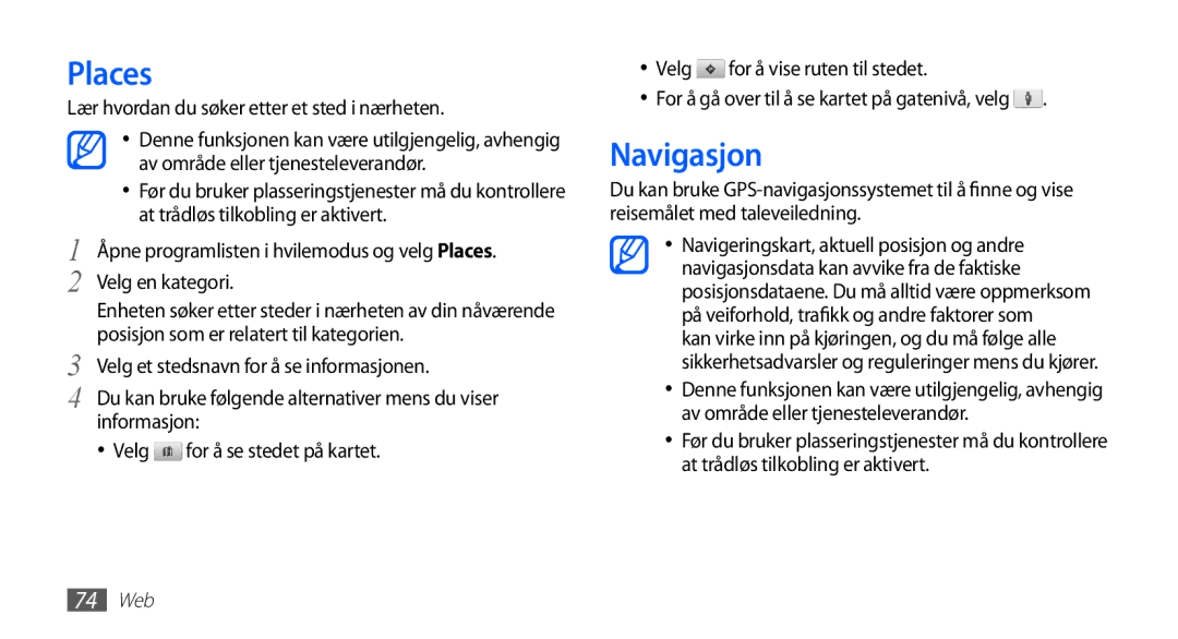 Samsung YP-G70CW/NEE manual Places, Navigasjon 