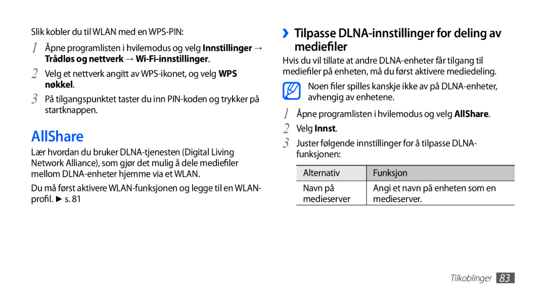 Samsung YP-G70CW/NEE manual AllShare, ››Tilpasse DLNA-innstillinger for deling av mediefiler, Nøkkel 