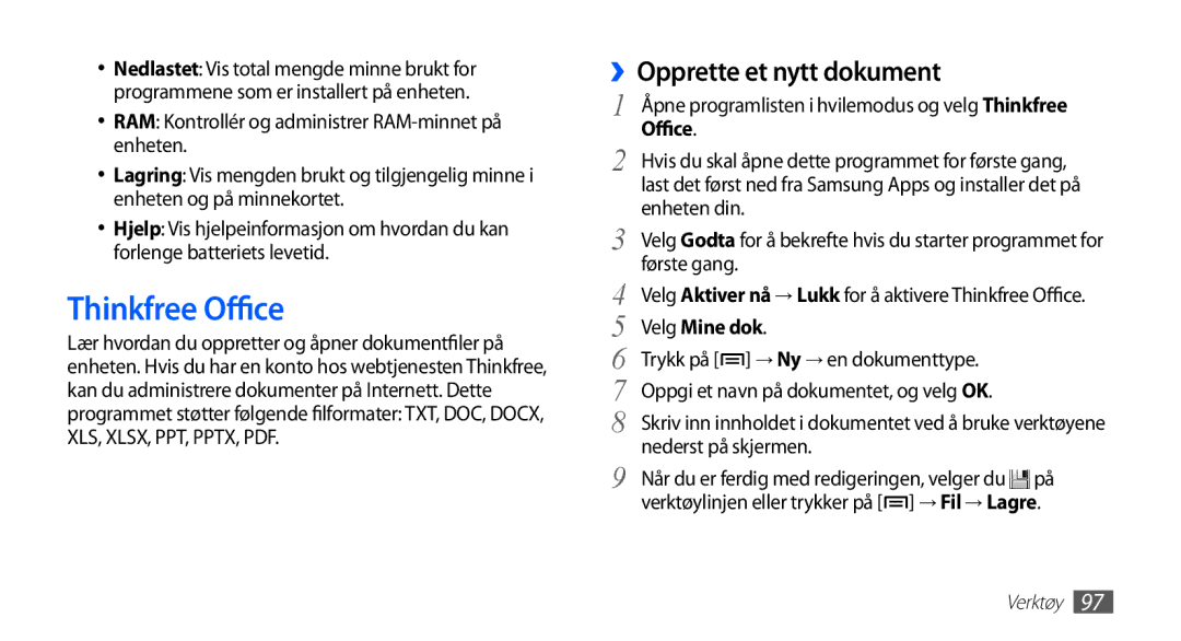 Samsung YP-G70CW/NEE manual Thinkfree Office, ››Opprette et nytt dokument, Velg Mine dok 