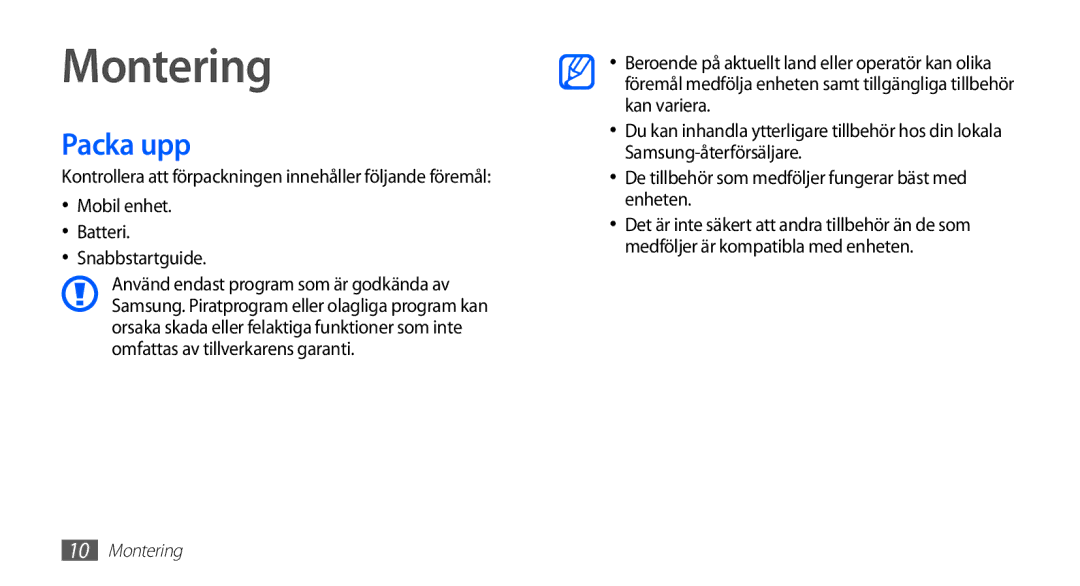 Samsung YP-G70CW/NEE manual Montering, Packa upp, Mobil enhet Batteri Snabbstartguide 