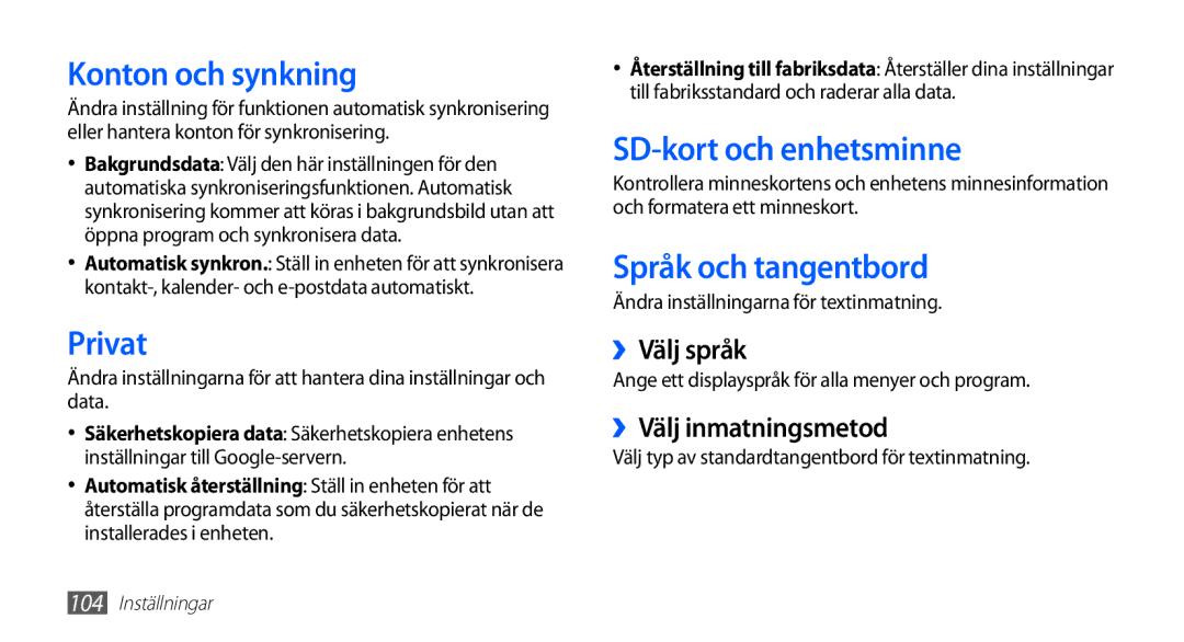 Samsung YP-G70CW/NEE manual Konton och synkning, Privat, SD-kort och enhetsminne, Språk och tangentbord 