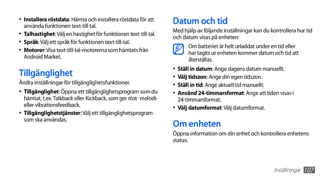 Samsung YP-G70CW/NEE manual Tillgänglighet, Datum och tid, Om enheten, Ändra inställningar för tillgänglighetsfunktioner 