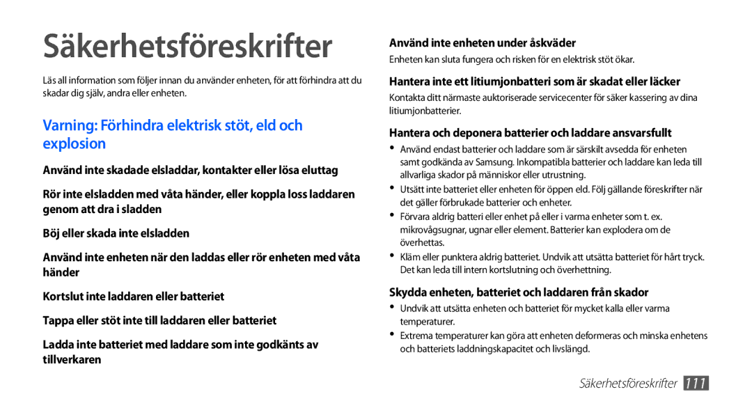 Samsung YP-G70CW/NEE manual Säkerhetsföreskrifter, Varning Förhindra elektrisk stöt, eld och explosion 