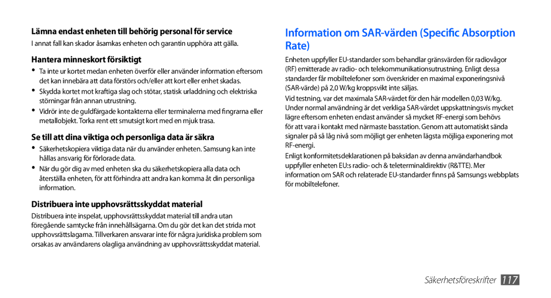 Samsung YP-G70CW/NEE manual Information om SAR-värden Specific Absorption Rate 