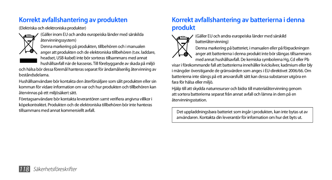 Samsung YP-G70CW/NEE manual Korrekt avfallshantering av produkten 