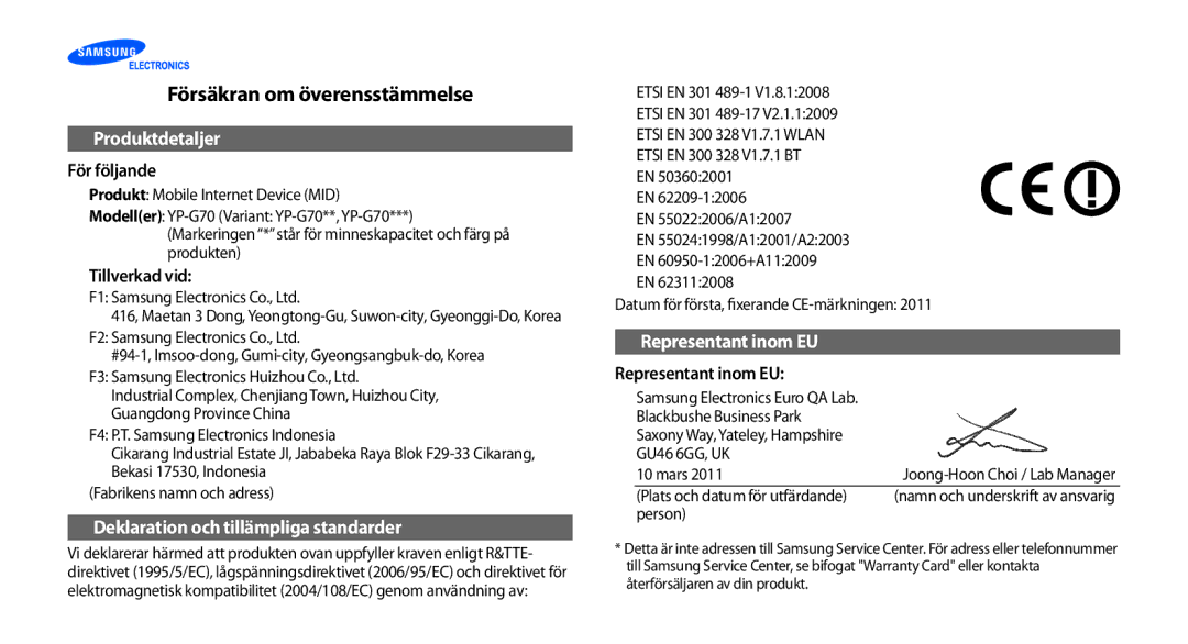 Samsung YP-G70CW/NEE manual Försäkran om överensstämmelse, Produktdetaljer 