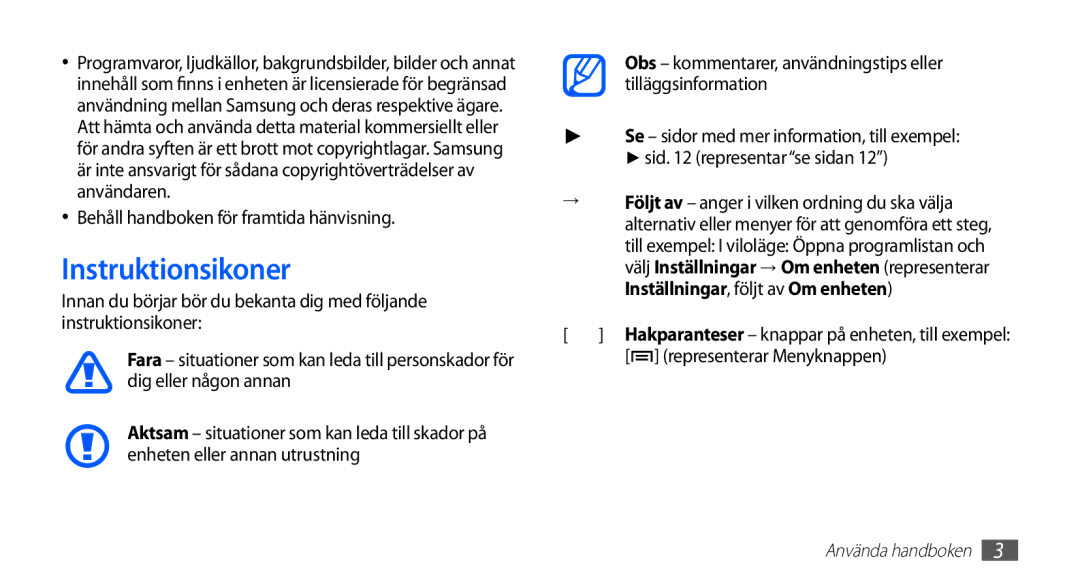 Samsung YP-G70CW/NEE manual Instruktionsikoner, Behåll handboken för framtida hänvisning, Representerar Menyknappen 