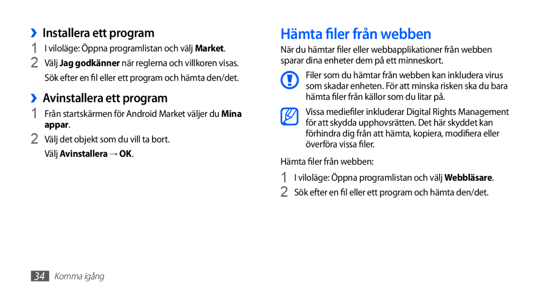 Samsung YP-G70CW/NEE manual Hämta filer från webben, ››Installera ett program, ››Avinstallera ett program, Appar 