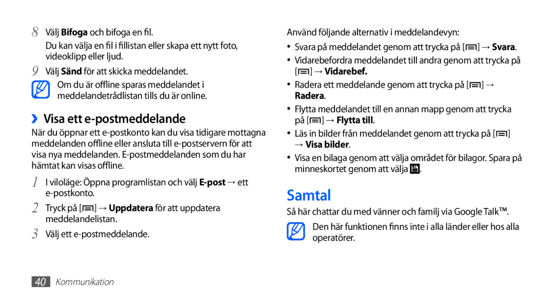 Samsung YP-G70CW/NEE manual Samtal, ››Visa ett e-postmeddelande, → Visa bilder 