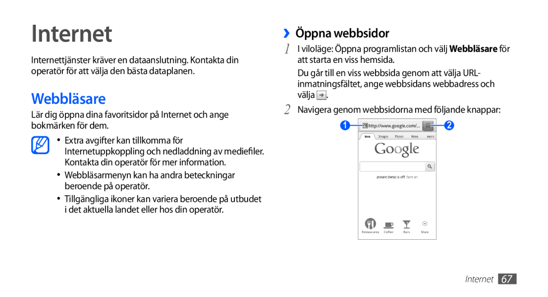 Samsung YP-G70CW/NEE manual Internet, Webbläsare, ››Öppna webbsidor 