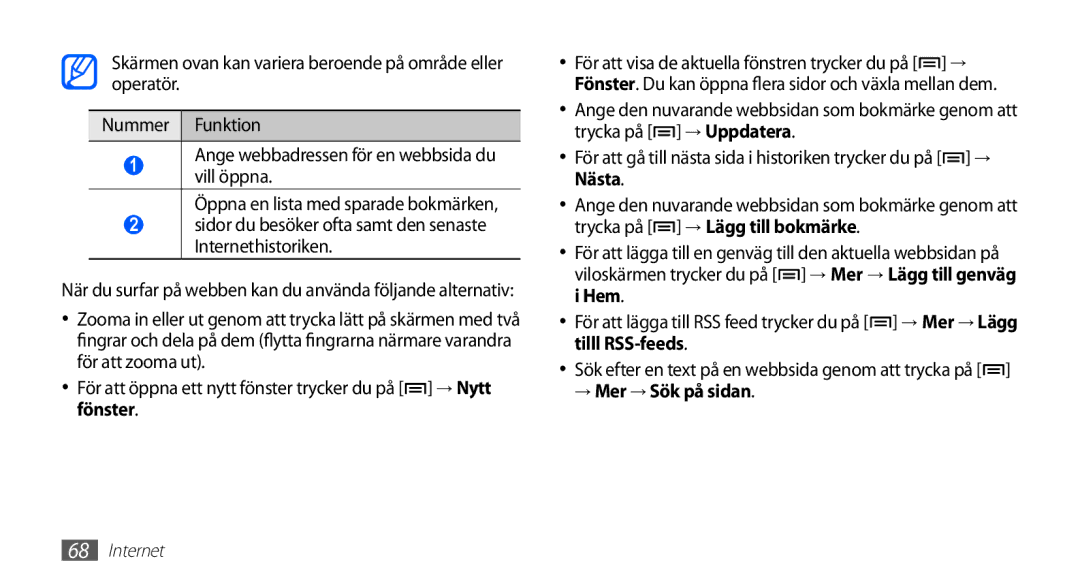 Samsung YP-G70CW/NEE manual Sidor du besöker ofta samt den senaste Internethistoriken, → Mer → Sök på sidan 