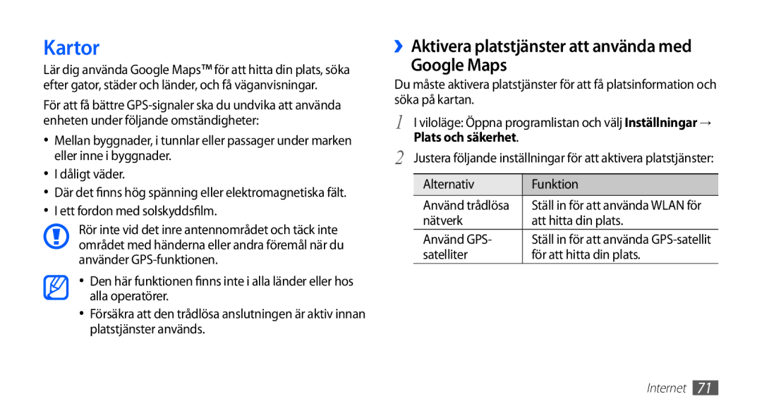 Samsung YP-G70CW/NEE manual Kartor, Google Maps, Ett fordon med solskyddsfilm, Nätverk Att hitta din plats Använd GPS 