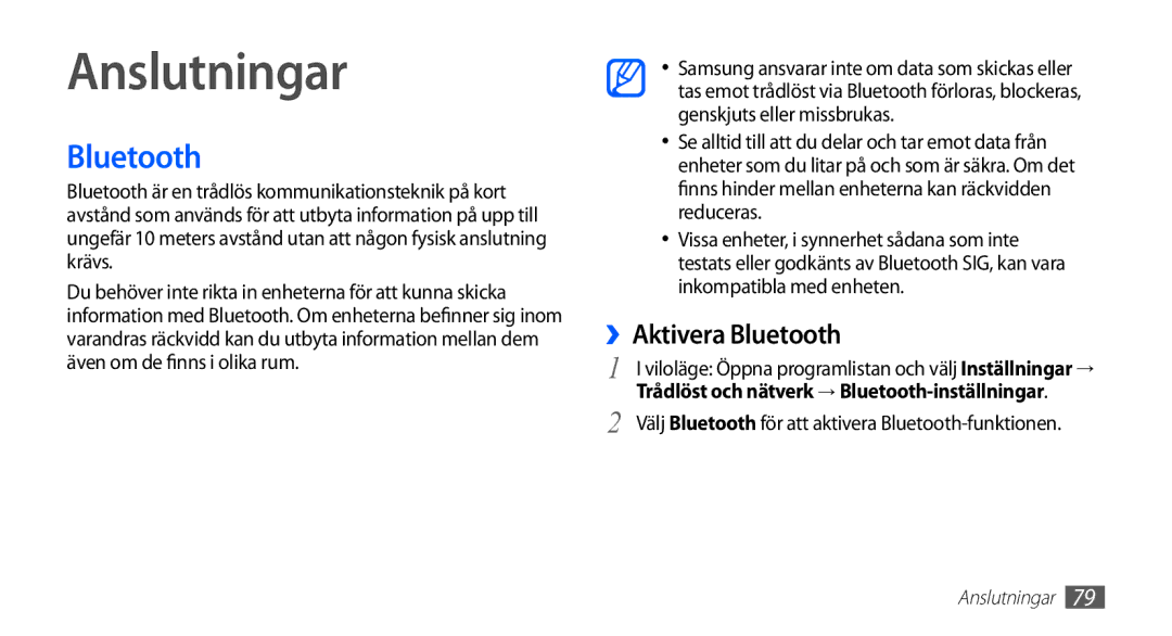 Samsung YP-G70CW/NEE manual Anslutningar, ››Aktivera Bluetooth 