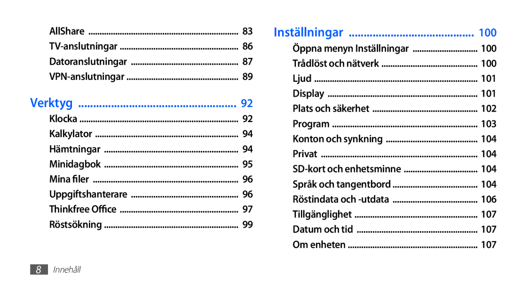 Samsung YP-G70CW/NEE manual Verktyg 