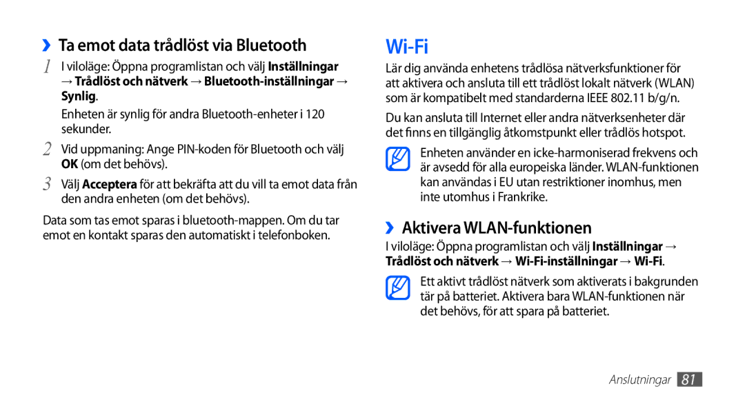 Samsung YP-G70CW/NEE manual Wi-Fi, ››Ta emot data trådlöst via Bluetooth, ››Aktivera WLAN-funktionen 