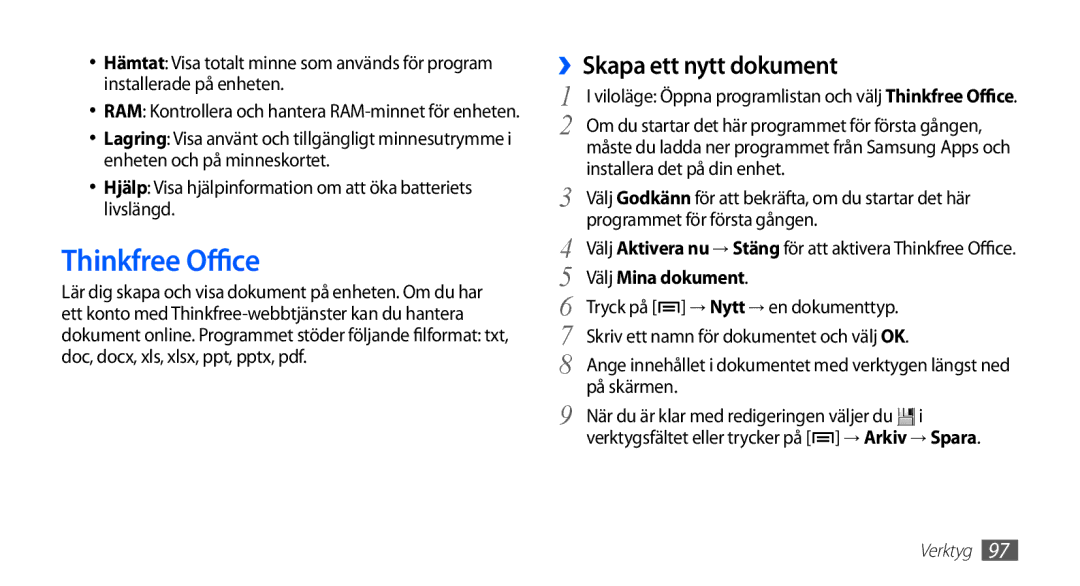 Samsung YP-G70CW/NEE manual Thinkfree Office, ››Skapa ett nytt dokument, Välj Mina dokument 