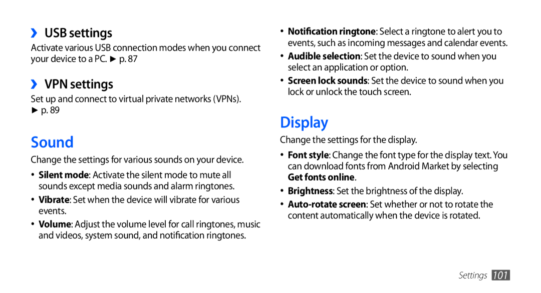 Samsung YP-G70EW/MEA, YP-G70CW/XET, YP-G70CB/XET, YP-G70CW/XEE, YP-G70CW/HAC Sound, Display, ›› USB settings, ›› VPN settings 