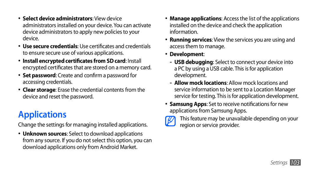 Samsung YP-G70CW/MEA, YP-G70CW/XET, YP-G70CB/XET, YP-G70CW/XEE, YP-G70CW/HAC, YP-G70CB/MEA manual Applications, Development 