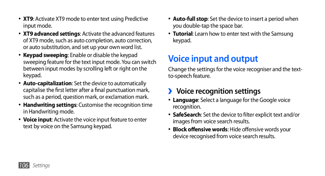 Samsung YP-G70EW/HAC, YP-G70CW/XET, YP-G70CB/XET, YP-G70CW/XEE manual Voice input and output, ›› Voice recognition settings 