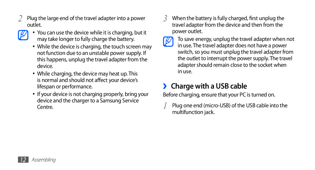 Samsung YP-G70CW/AAW ›› Charge with a USB cable, Outlet, Power outlet, Before charging, ensure that your PC is turned on 