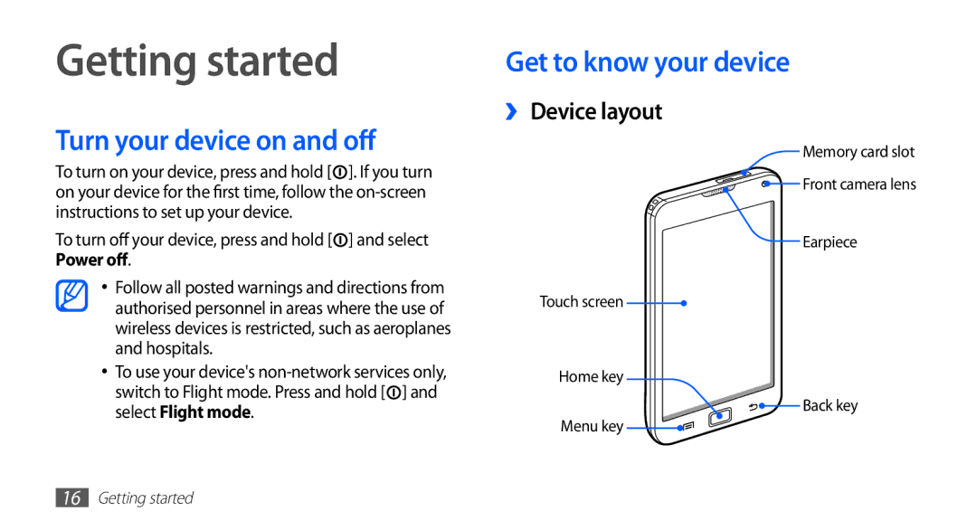 Samsung YP-G70EB/TRA, YP-G70CW/XET Getting started, Turn your device on and off, Get to know your device, ›› Device layout 