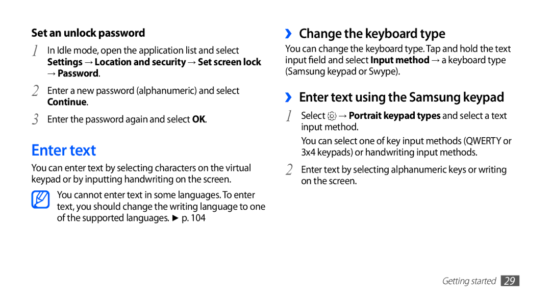 Samsung YP-G70CW/XEH manual ›› Change the keyboard type, ›› Enter text using the Samsung keypad, → Password, Continue 