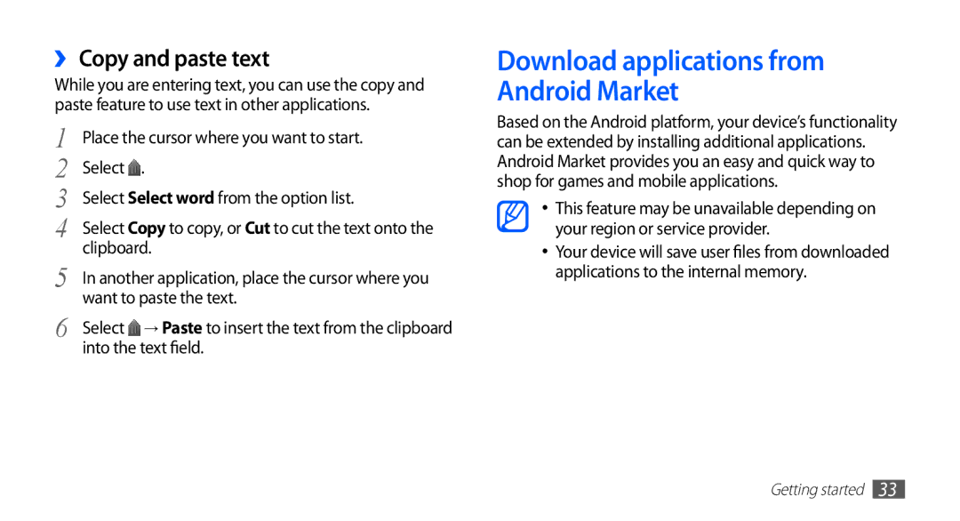 Samsung YP-G70CB/XET, YP-G70CW/XET, YP-G70CW/XEE manual Download applications from Android Market, ›› Copy and paste text 