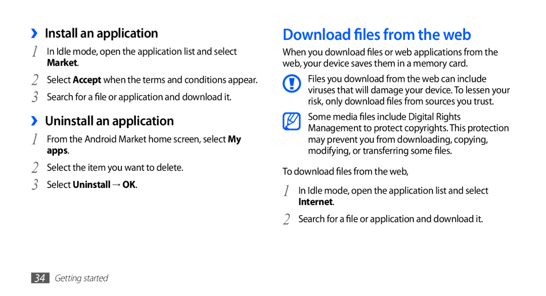 Samsung YP-G70CW/XEE, YP-G70CW/XET Download files from the web, ›› Install an application, ›› Uninstall an application 