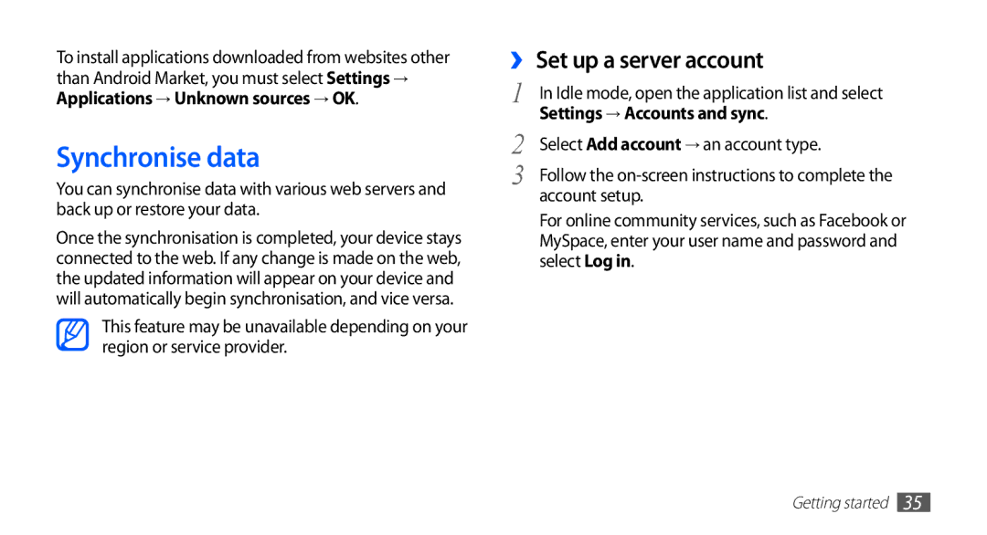 Samsung YP-G70CW/HAC manual Synchronise data, ›› Set up a server account, Settings → Accounts and sync, Account setup 