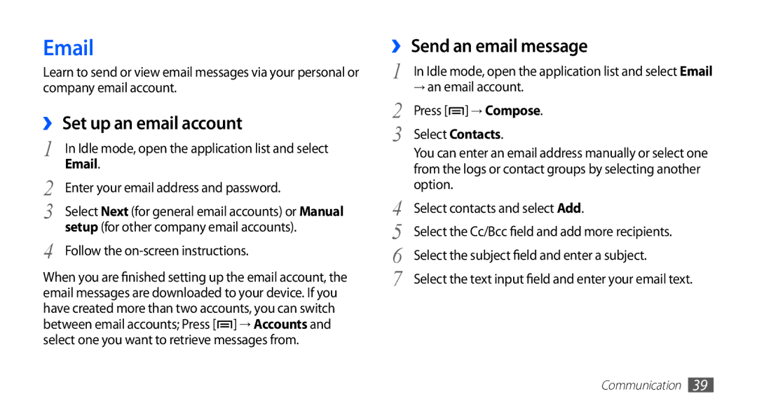 Samsung YP-G70CW/MEA, YP-G70CW/XET, YP-G70CB/XET, YP-G70CW/XEE, YP-G70CW/HAC, YP-G70CB/MEA manual ›› Set up an email account 